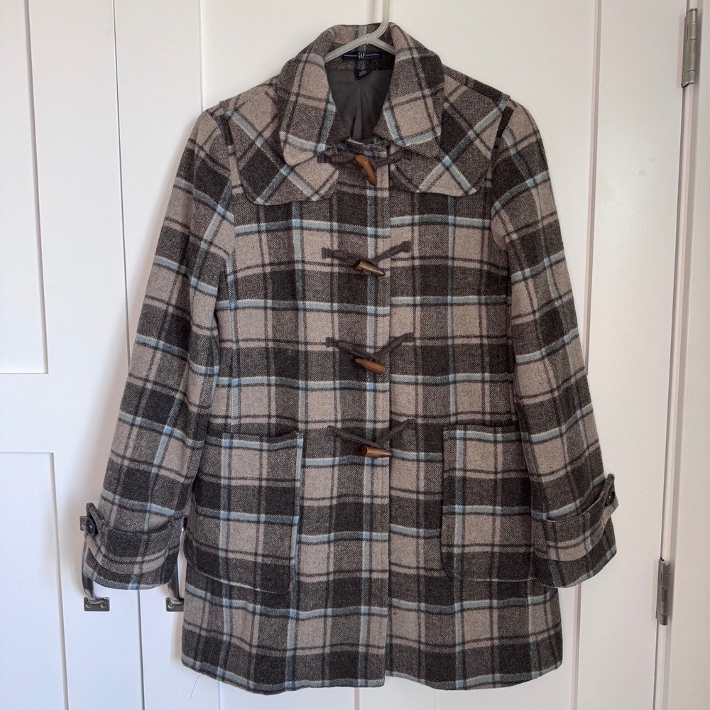 Y2K Gap Women's Wool Blend Plaid Duffle Toggle Coat Peacoat Statement Jacket Med
